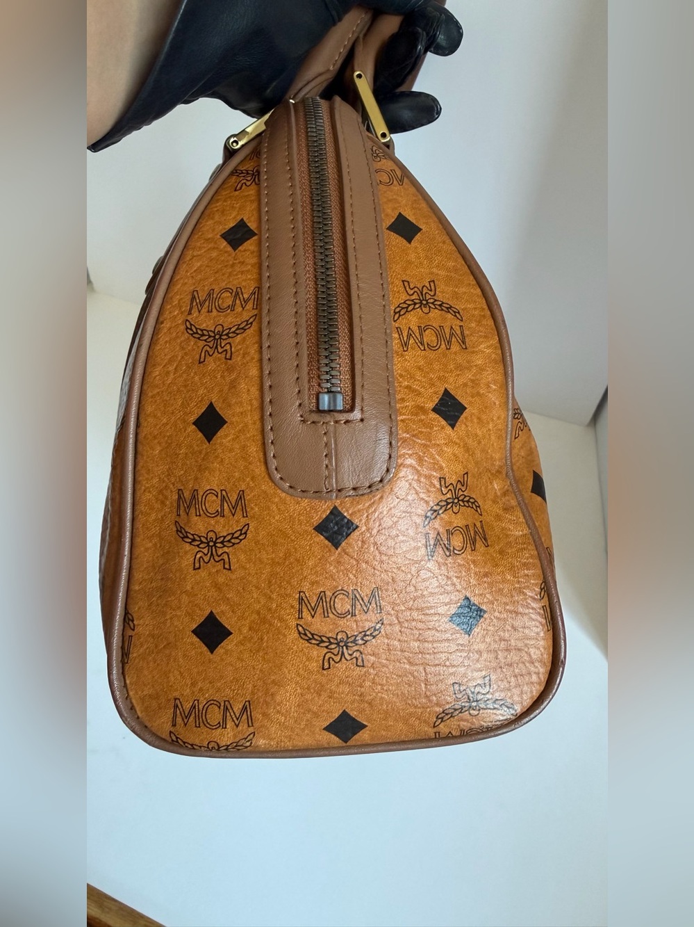 MCM Cognac Monogram Boston Satchel with Brown Trim - Picture 10 of 13